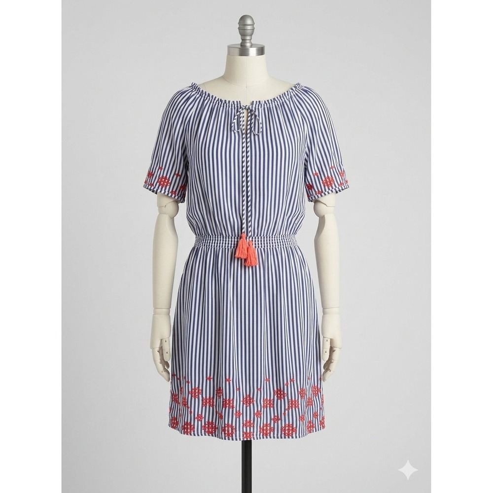 Tommy Hilfiger Womens Blue White Striped Embroidered Tassel Dress Size M